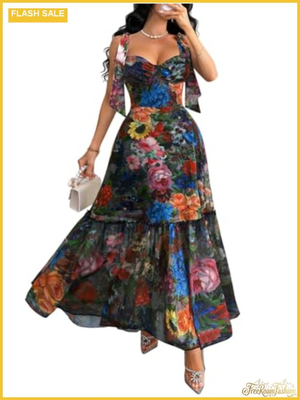 Floral Maxi Dress Sweetheart Neckline Ruffle Sleeveless
